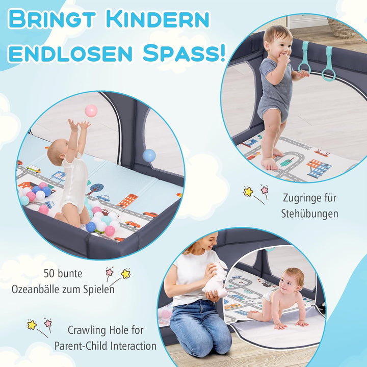 DREAMADE Laufstall Baby, 189 x 158 cm Laufgitter mit Matratze & 4 Zugringen & 50 Ocean Bällen & Trag