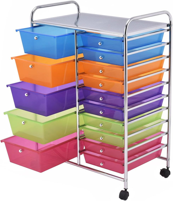 COSTWAY Rollwagen mit 15 stapelbaren Schubladen, Schubladenwagen Rollcontainer mit Metallgestell und