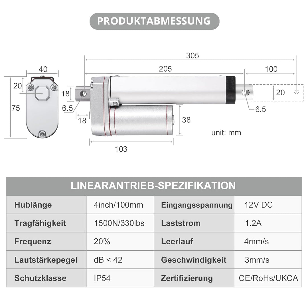 Justech Linearmotor Linearantrieb 12V Spindelantrieb Stellmotor Verstellantrieb Toröffner Linear Act