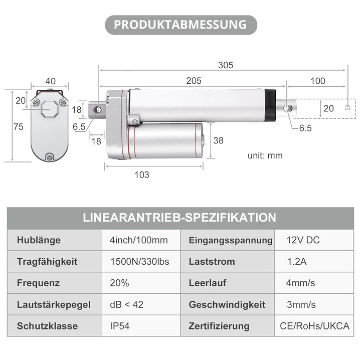 Justech Linearmotor Linearantrieb 12V Spindelantrieb Stellmotor Verstellantrieb Toröffner Linear Act