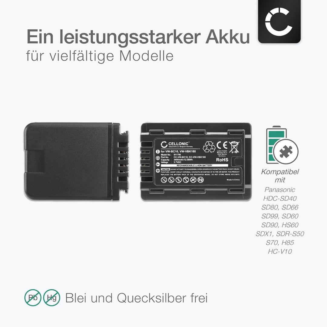 subtel® Kamera Ersatzakku VW-BC10 VW-VBK180 VW-VBK360 VW-VBL090 für Panasonic HDC-SD40 SD80 SD66 SD9