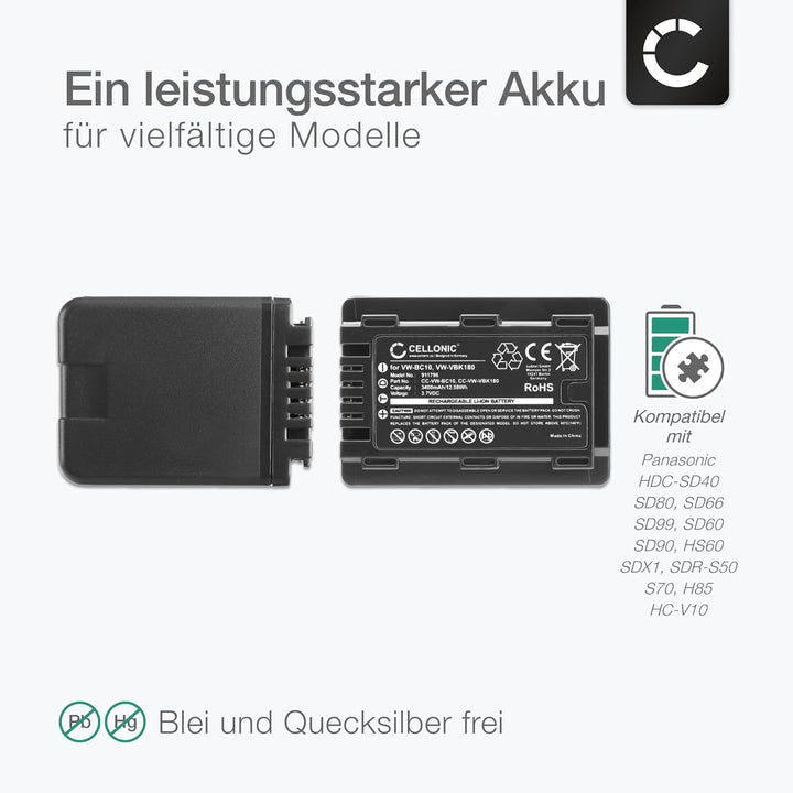 subtel® Kamera Ersatzakku VW-BC10 VW-VBK180 VW-VBK360 VW-VBL090 für Panasonic HDC-SD40 SD80 SD66 SD9