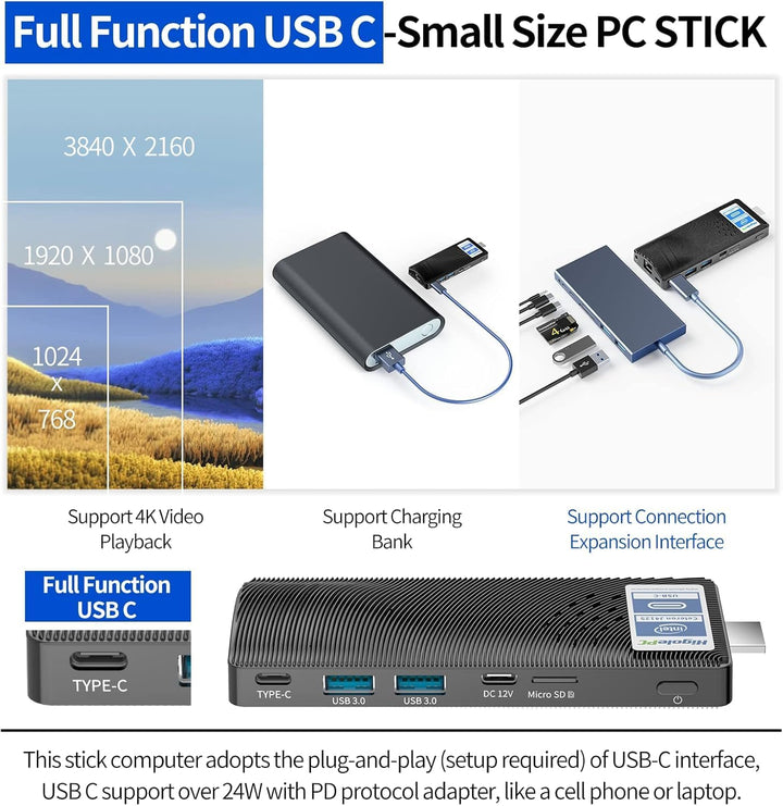 HEIGAOLAPC Mini PC Stick,Win 11 8GB RAM 128GB eMMC Celeron J4115 2.7 GHz, USB-C Fanless Desktop PC,