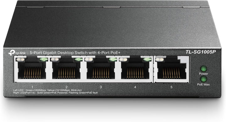 TP-Link TL-SG1005P PoE Switch 5-Port Gigabit Lan Switch mit 4 PoE+ Ports (65 Watt, IEEE-802.3af/at P