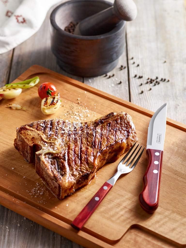 Tramontina Steakgabel Set Jumbo, 6-teilig, rostfreier Edelstahl, Holzgriff FSC-zertifiziert, spülmas