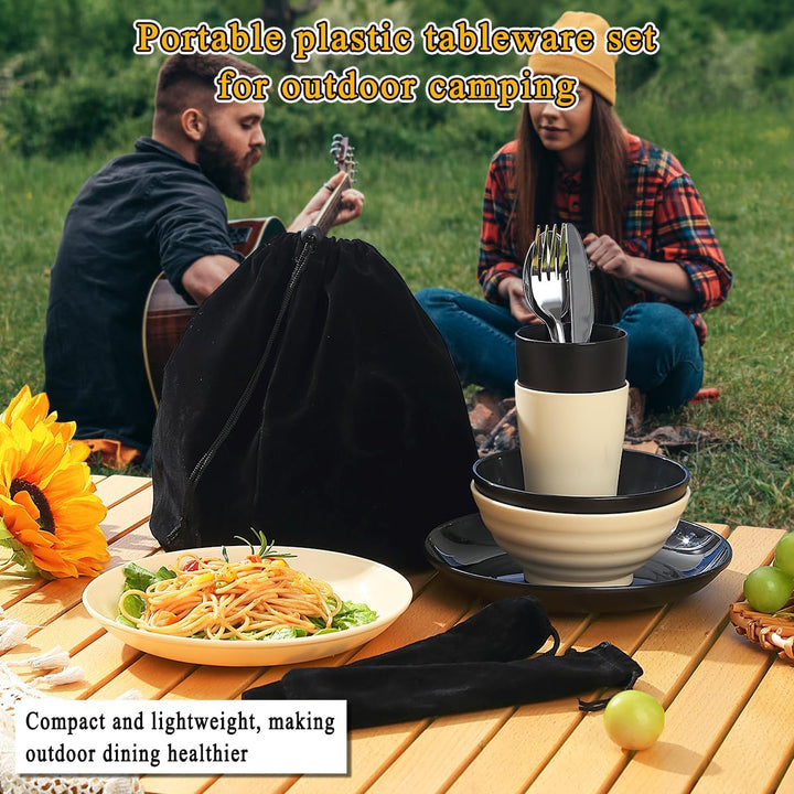 Kyraton Camping Besteck Set, wiederverwendbarer Leichter Becher, Schalen, Teller und Edelstahlbestec