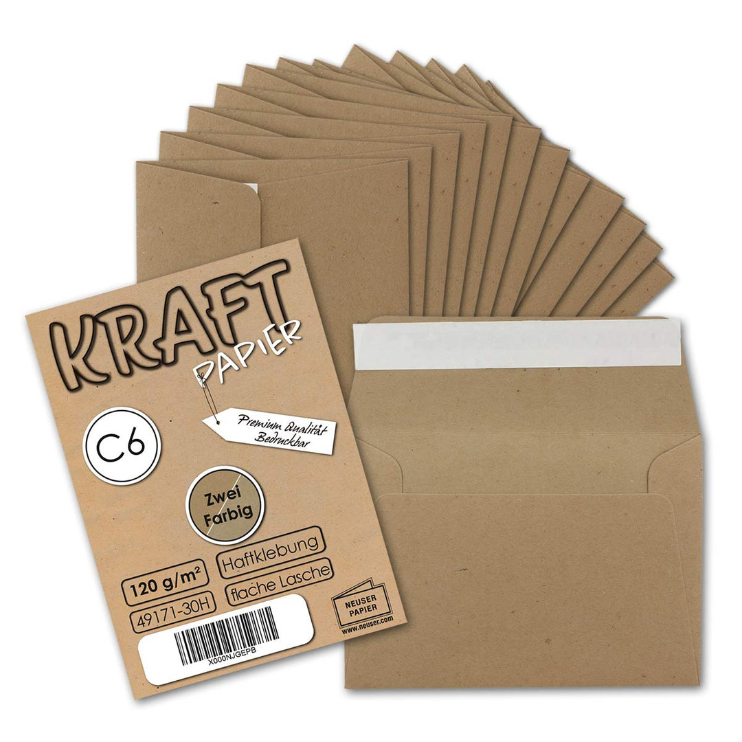 200x Briefumschläge DIN C6 Kraftpapier - Braun - Vintage Recycling Kuverts mit Haftklebung - 114 x 1