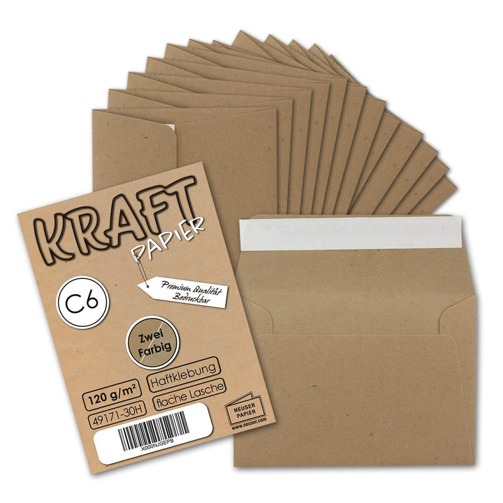 200x Briefumschläge DIN C6 Kraftpapier - Braun - Vintage Recycling Kuverts mit Haftklebung - 114 x 1