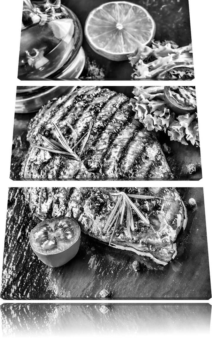 Pixxprint Grillmeister Steak als Leinwandbild | Grösse: 3 Teilig (120x80) | Wandbild| Kunstdruck | f