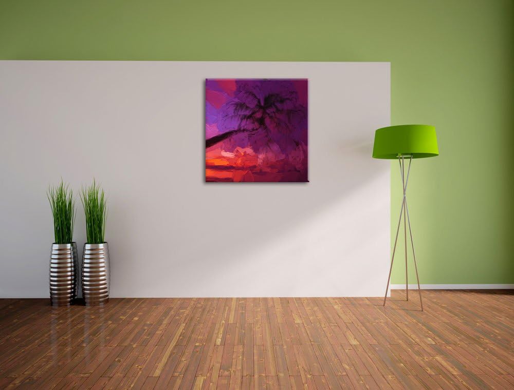 Pixxprint Palme am Meer mit Sonnenuntergang Pinsel Effekt, Format: 70x70 auf Leinwand, 70x70