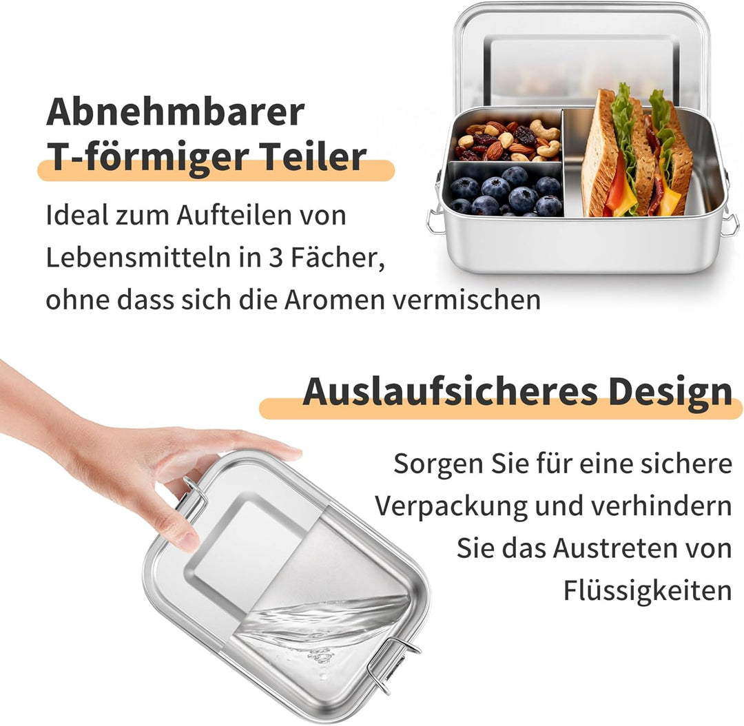 Onader Edelstahl Brotdose mit Fächern 2er Set, 2400ml Gross Bento Box Lunchbox mit Abnehmbar Trennwa