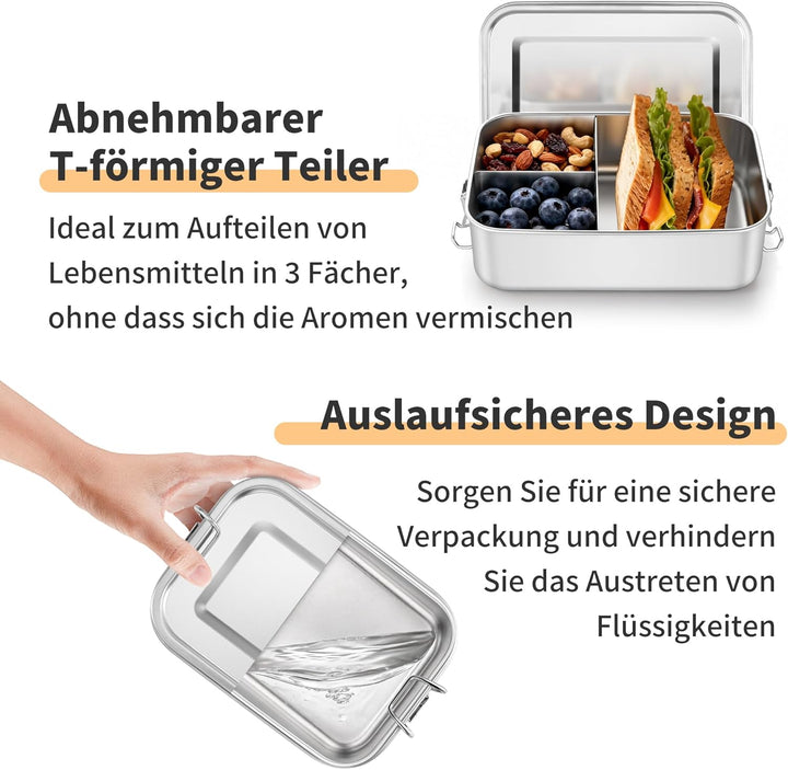 Onader Edelstahl Brotdose mit Fächern 2er Set, 2400ml Gross Bento Box Lunchbox mit Abnehmbar Trennwa