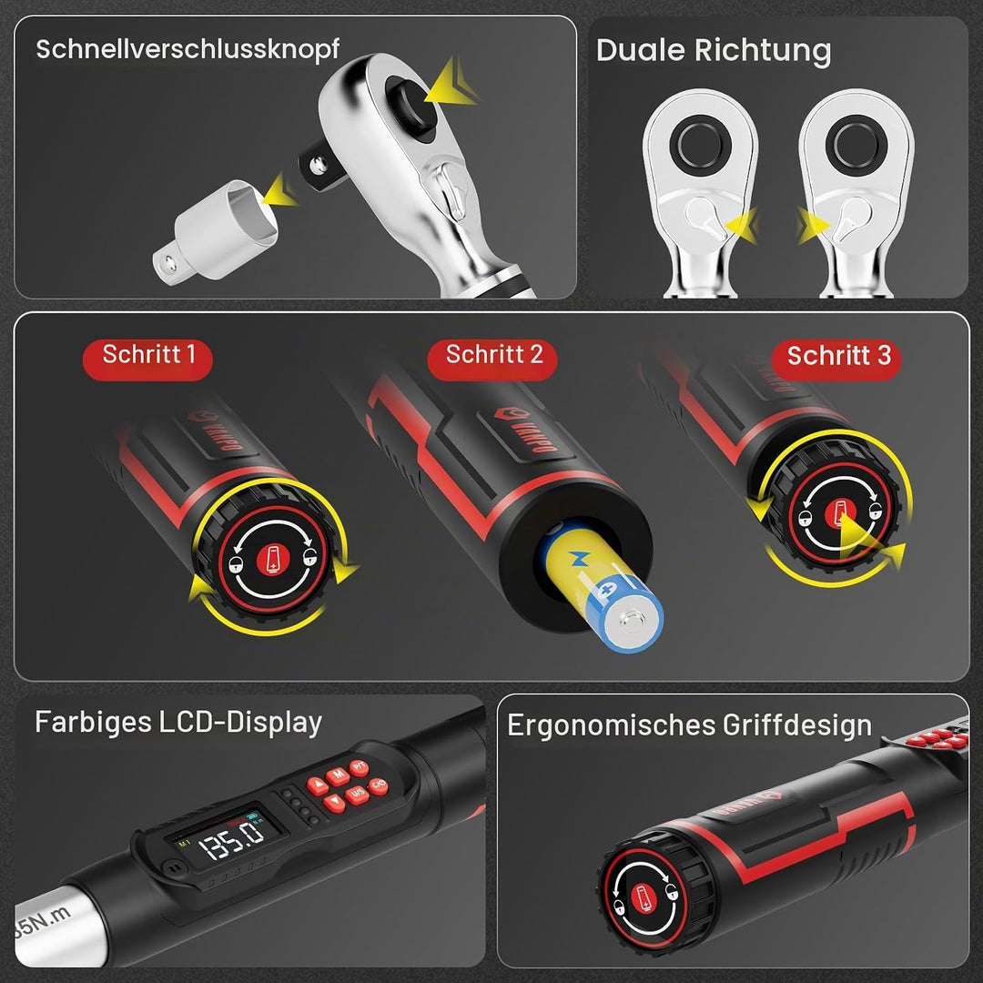 VANPO Digitaler Drehmomentschlüssel 3/8 Zoll, 2–135 Nm, ±2% Genauigkeit, Elektronischer Drehmomentsc