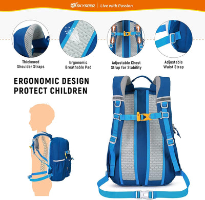 SKYSPER Kinderrucksack komfortabler Wanderrucksack Kinder für Jungen & Mädchen Blau, Blau