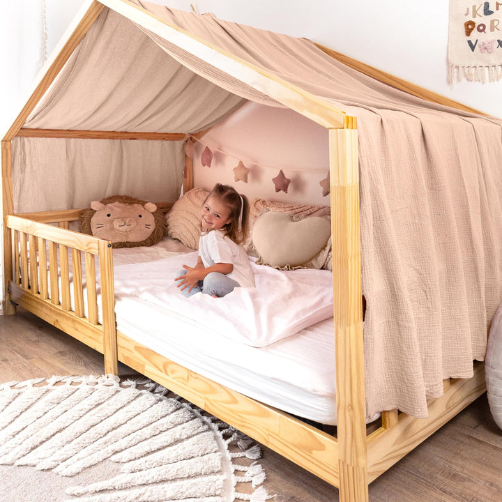 Hausbett Himmel mit Gold Applikation [in 12 Farben] Betthimmel Hausbett aus 100% Baumwolle Musselin