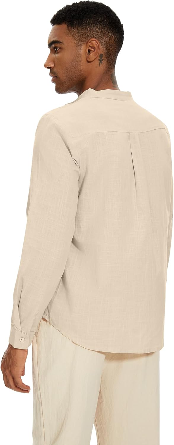 YAOBAOLE Leinenhemd für Herren, Casual, Sommerhemd, leicht, lange Ärmel, Knöpfe, Mao-Kragen, Strand,