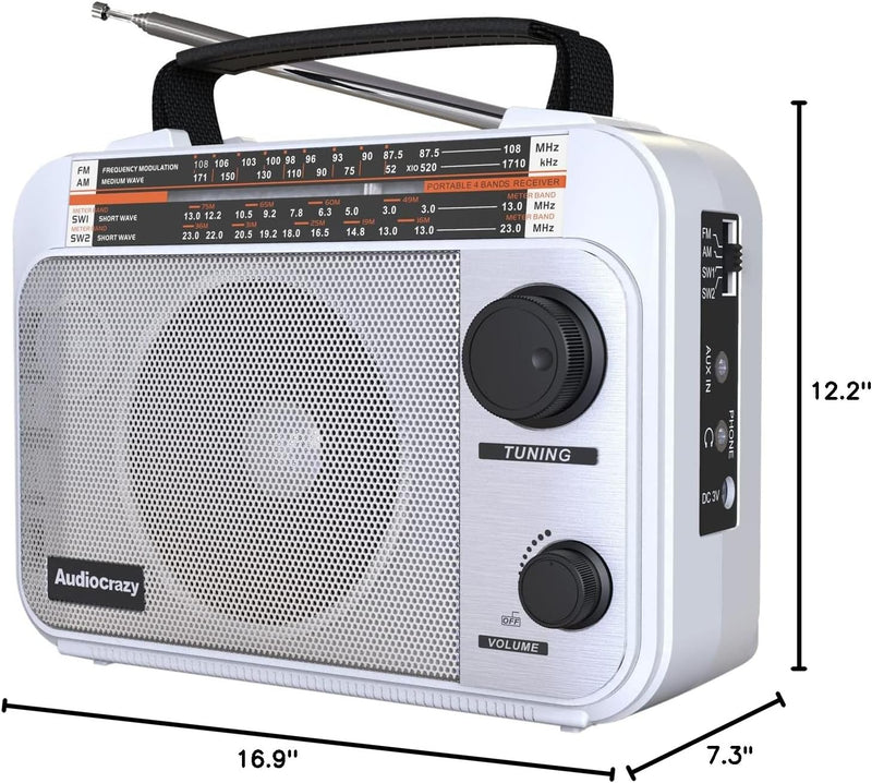 Audiocrazy UKW FM/AM/SW1-2 Radio Tragbares Radio Weltempfänger Radio mit 1800mAh Rechargeable Batter