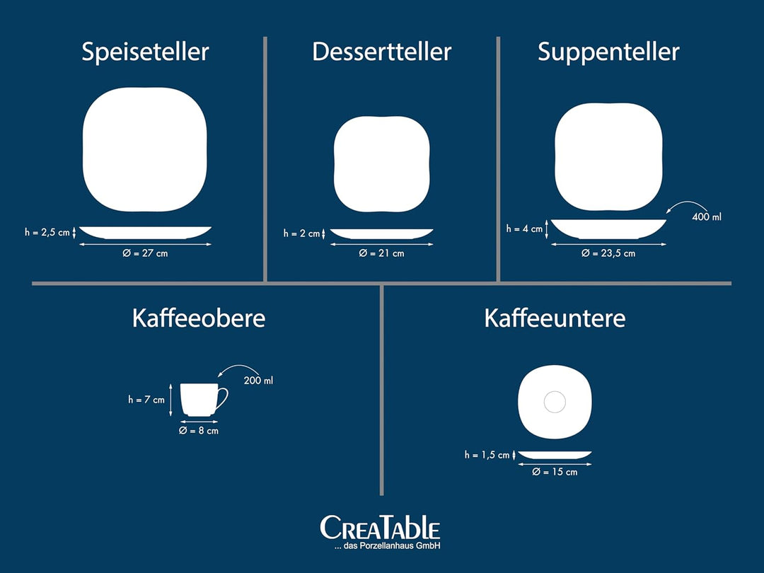 CreaTable 18028, Serie Square weiss, Geschirrset Kombiservice 30 teilig