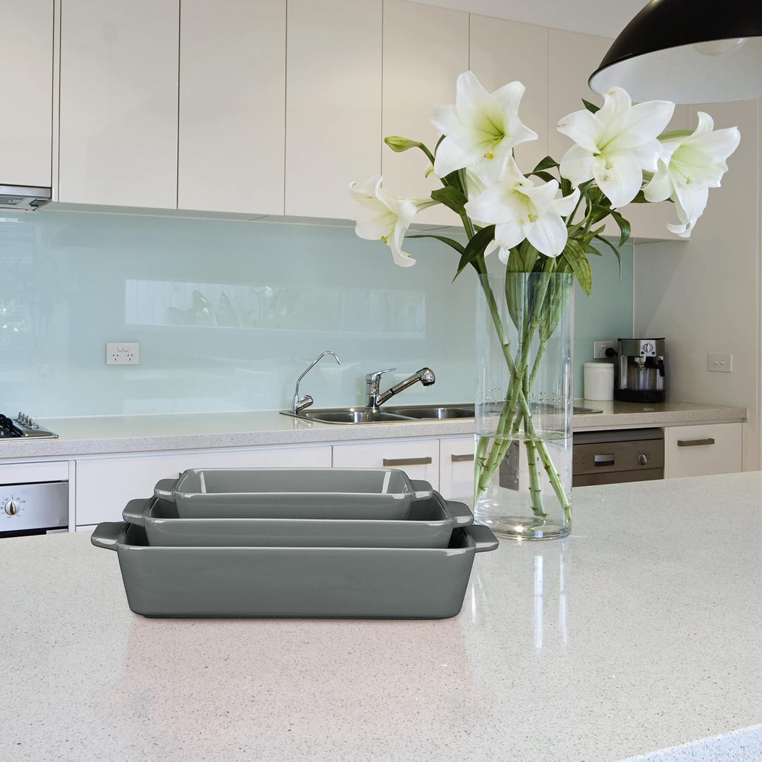 Relaxdays Auflaufform Set, Keramik, 3 Grössen, eckig, Ofenform für Lasagne, Gratin, Tiramisu, spülma