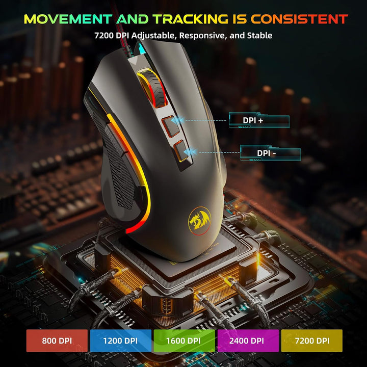 Redragon M602 Gaming Maus mit Kabel, Wired Computer Mouse Gaming mit Treiber, 7 Programmierbare Tast