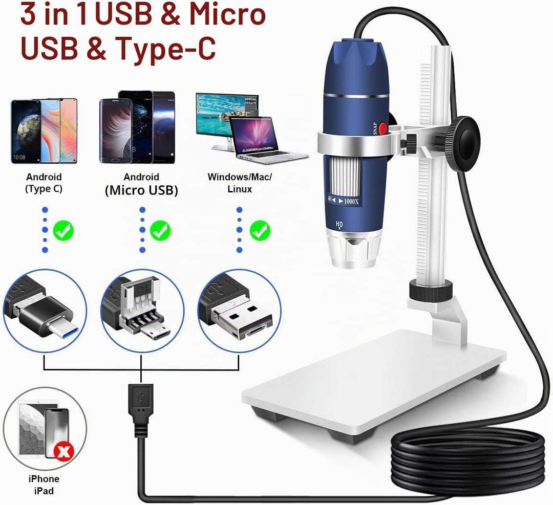 Jiusion HD 2MP USB Digitalmikroskop 40-1000X Tragbare Vergrösserungs-Endoskopkamera mit 8 LEDs Stabi