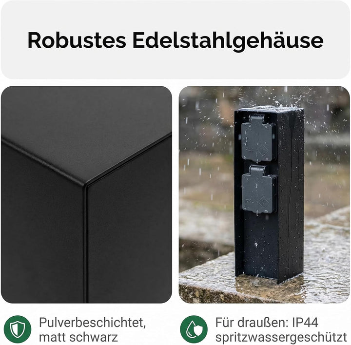 LED Universum Gartensteckdose aus Edelstahl, IP44 für aussen (Schwarz 2-fach), Schwarz 2-fach