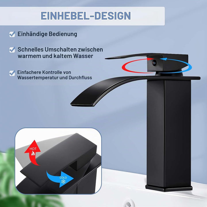 kisimixer Wasserhahn Bad Schwarz Wasserfall, Waschtischarmatur Bad Schwarz, Badarmatur Einhand Wasch