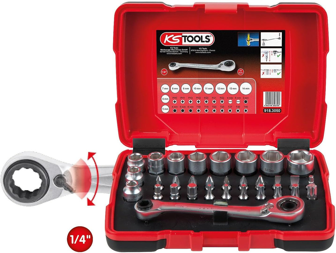 KS Tools 918.3050 1/4" + 11 mm Durchgangs-Steckschlüssel- und Bit-Satz, 31-tlg