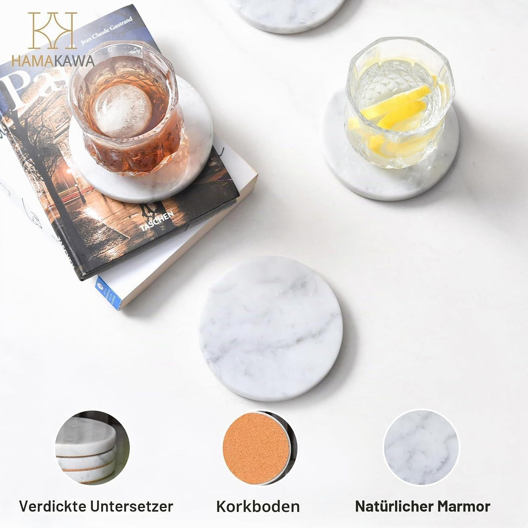 Echte Naturmarmor Untersetzer 4er Set, Carrara Weisser Kalkstein Untersetzer 10cm, Moderner Runder S