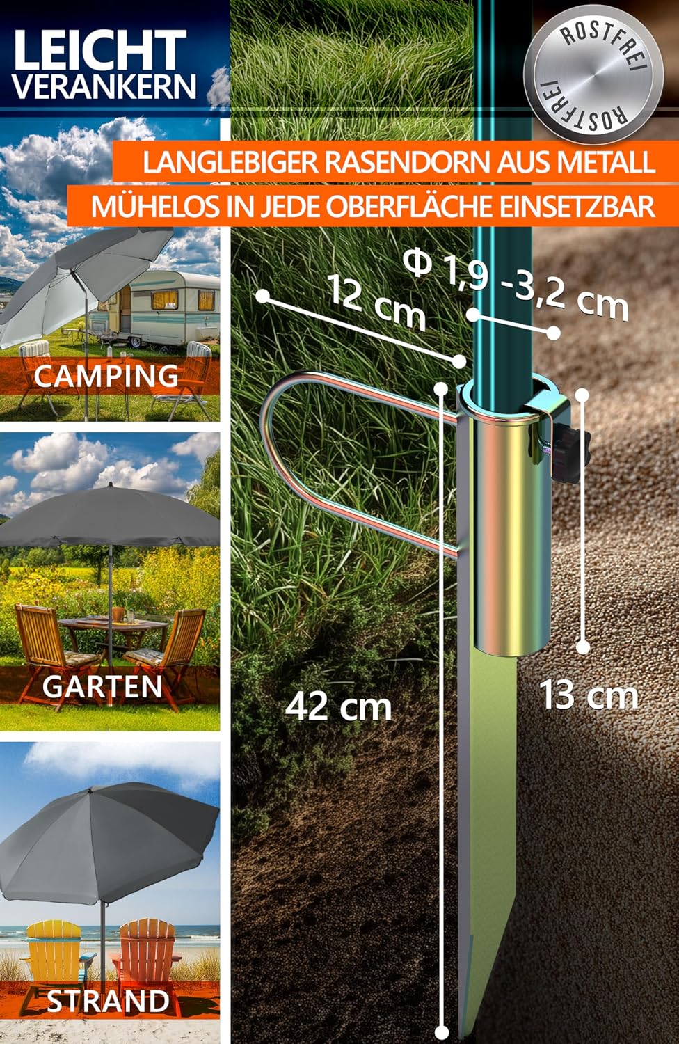 4smile Sonnenschirm Strand Ø 200 cm, 3-in-1 SET mit Rasendorn, Anthrazit | Strandschirm windfest sta