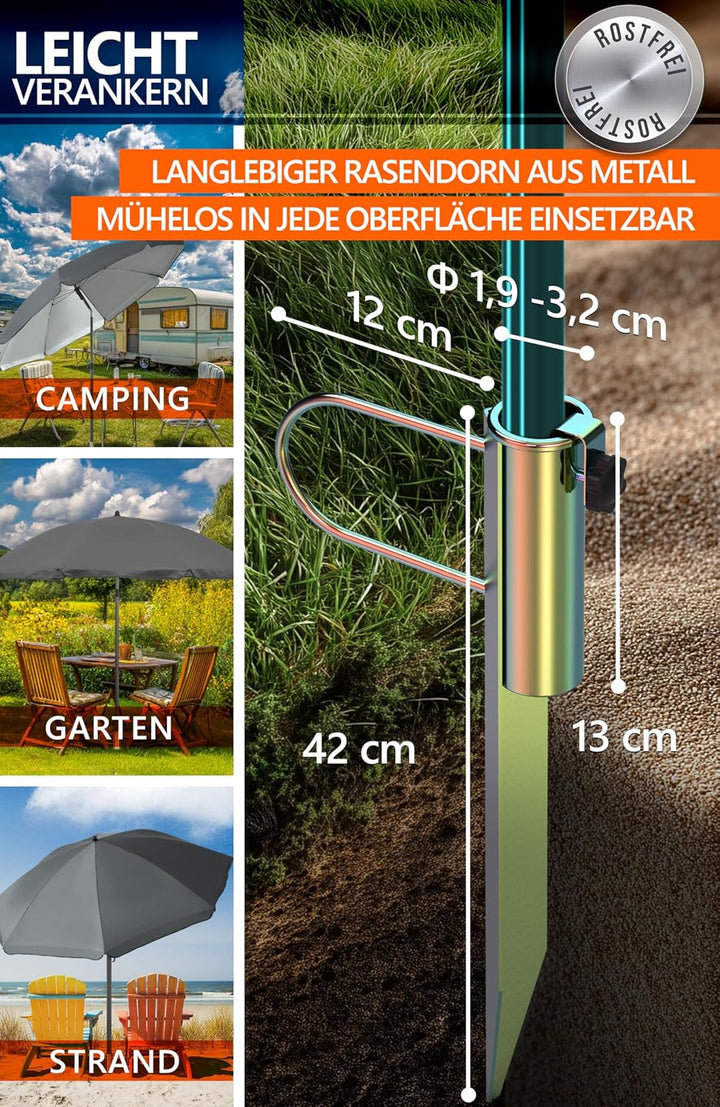 4smile Sonnenschirm Strand Ø 200 cm, 3-in-1 SET mit Rasendorn, Anthrazit | Strandschirm windfest sta