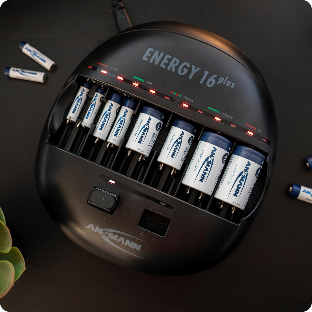 ANSMANN Energy 16 Plus Akku Ladegerät - Ladestation für AAA, AA, C, D, 9V E-Block & USB - Schnelllad