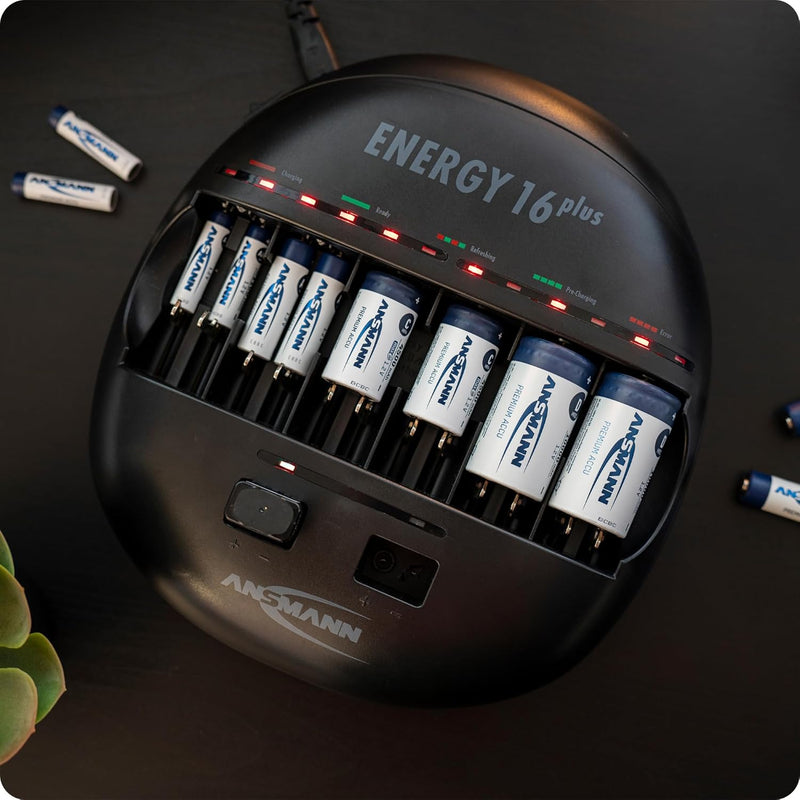 ANSMANN Energy 16 Plus Akku Ladegerät - Ladestation für AAA, AA, C, D, 9V E-Block & USB - Schnelllad