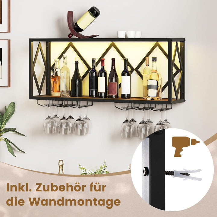 COSTWAY Weinregal Wand mit LED Beleuchtung, 2 Ebenen Flaschenregal Holz mit Metallrahmen, mit 6 Reih