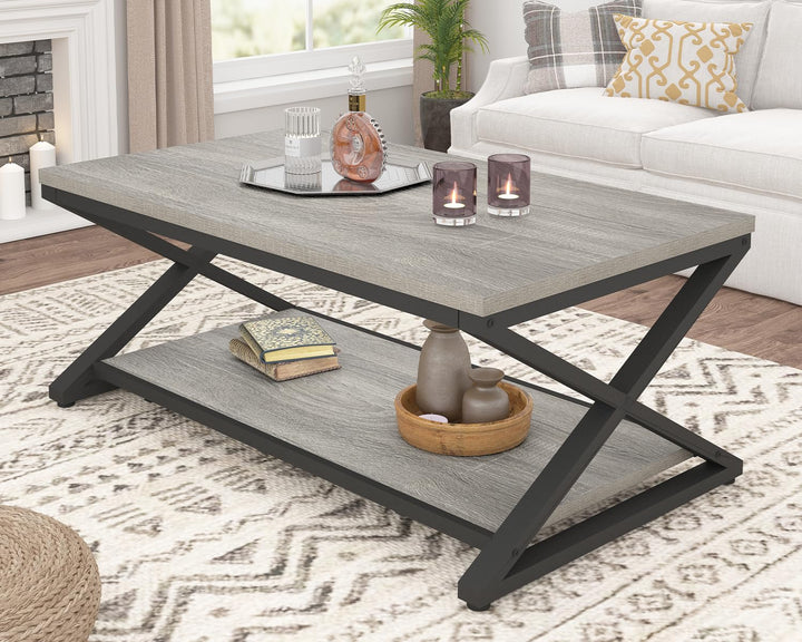 HSH Grau Couchtisch mit Ablage, industrieller Metall-Holz-Wohnzimmertisch, Bauernhaus, 120 cm minima