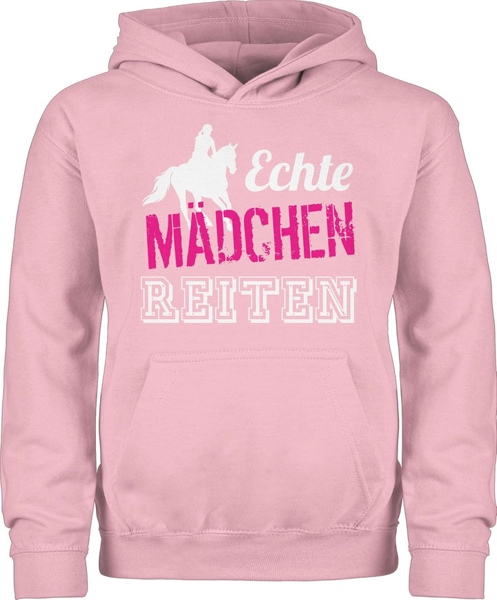 Kinder Hoodie Jungen Mädchen - Pferd Pferde - Echte Mädchen reiten - 128 (7/8 Jahre) - Hellrosa - pf