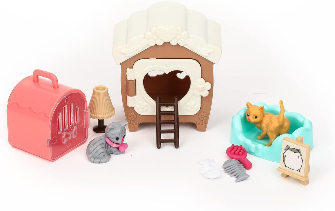 46 Stück Katze Puppenhaus Zubehör, Katzenfiguren Spielset, Wichtel Zubehör, Katzenbaum Katzenhaus Ka