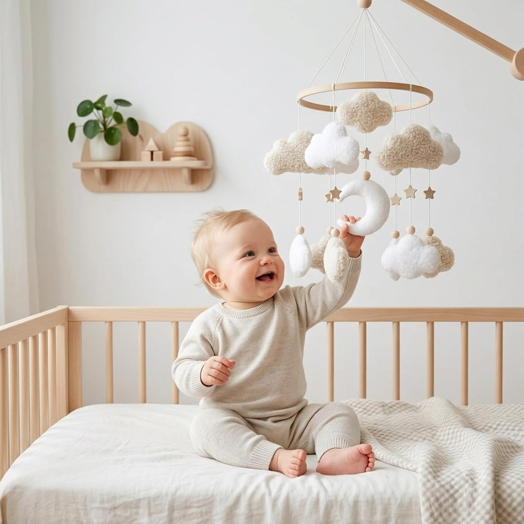 3D Wolken Mond Sterne Mobiles Baby, Babybett Mobile, Windspiele Baby Mobile Halterung Wickeltisch An