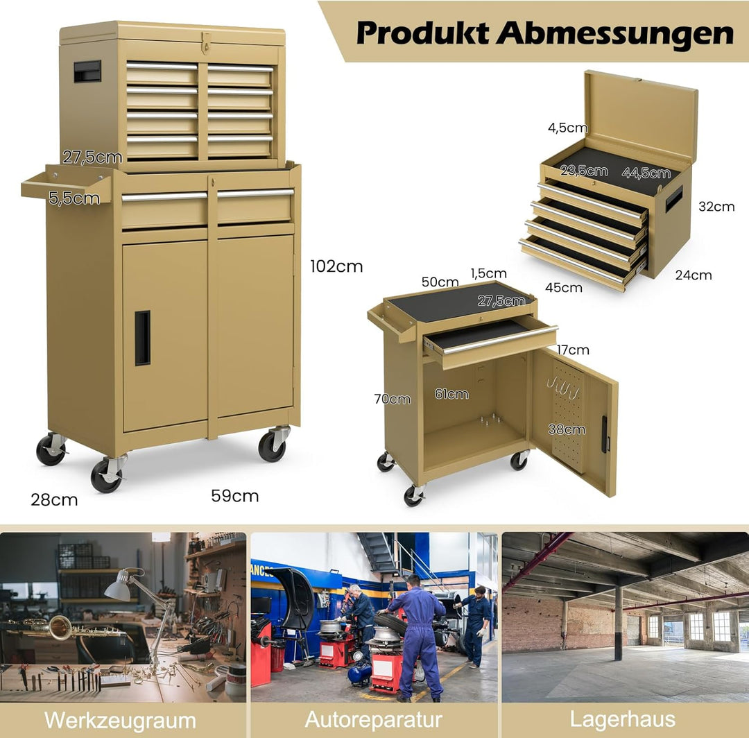 GYMAX Werkstattwagen mit 5 Schubladen, 2 in 1 Werkzeugschrank mit Haken, verstellbarem Regal & Unive