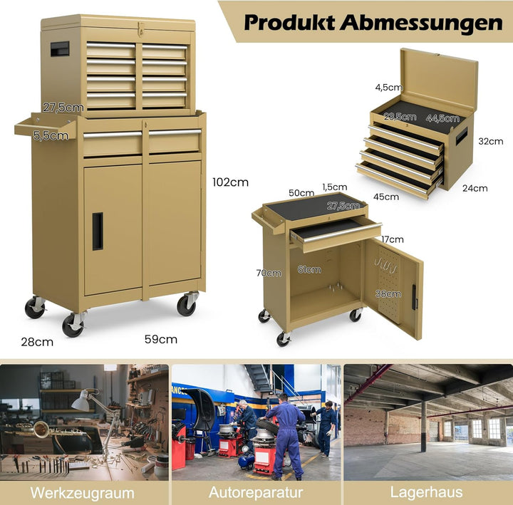 GYMAX Werkstattwagen mit 5 Schubladen, 2 in 1 Werkzeugschrank mit Haken, verstellbarem Regal & Unive