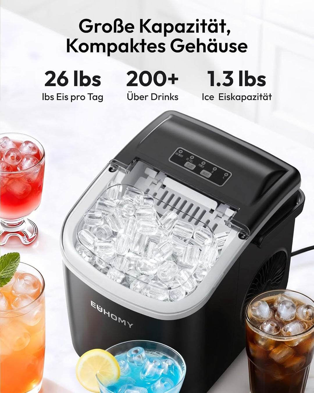 EUHOMY Eiswürfelmaschine Klein, 12KG Eiswürfelbereiter Ice Maker, 9 Würfel in 6 Minuten fertig, Schw
