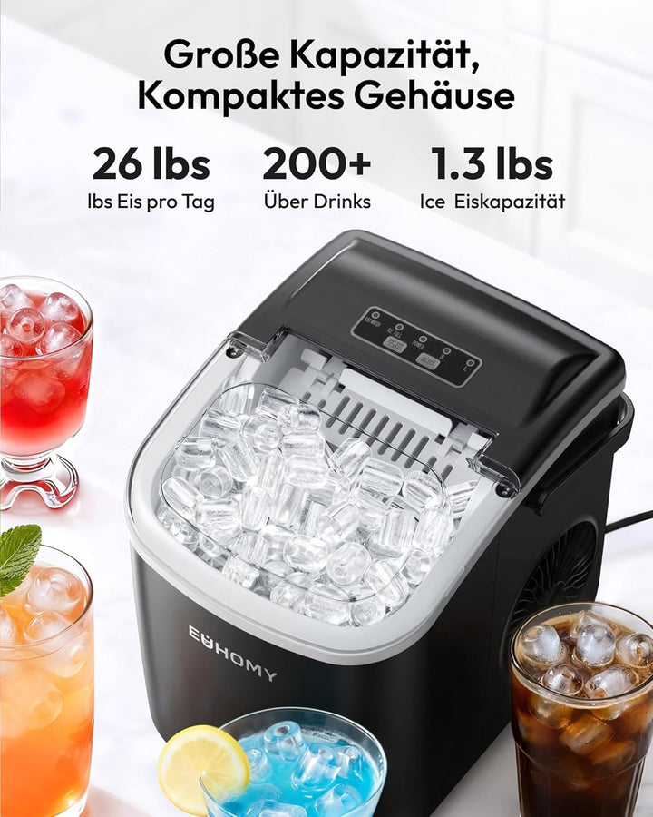 EUHOMY Eiswürfelmaschine Klein, 12KG Eiswürfelbereiter Ice Maker, 9 Würfel in 6 Minuten fertig, Schw