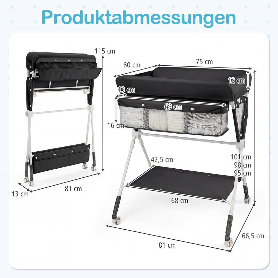 COSTWAY 3 in 1 Wickeltisch klappbar, mobile Wickelkommode mit Rollen, Wickelstation höhenverstellbar