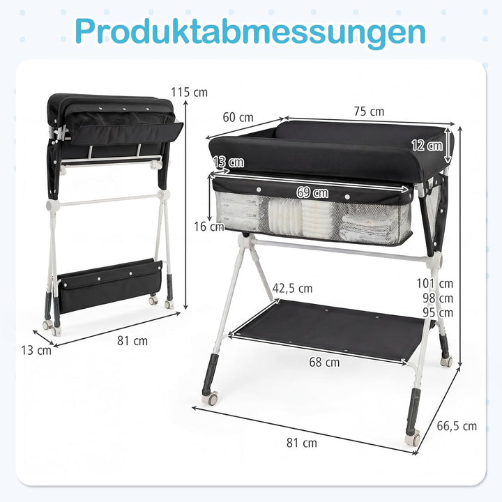 COSTWAY 3 in 1 Wickeltisch klappbar, mobile Wickelkommode mit Rollen, Wickelstation höhenverstellbar