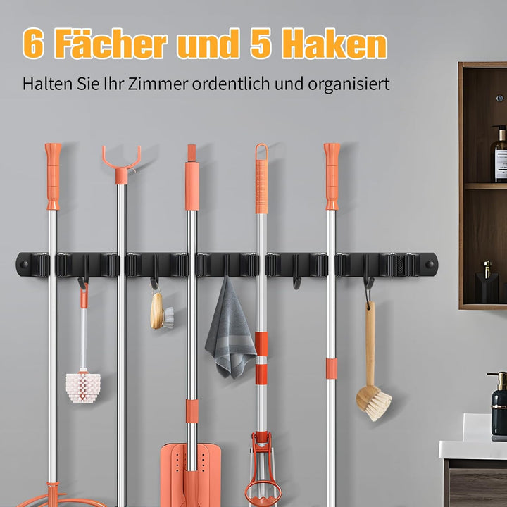 Besenhalterung Wand, Besenhalter Edelstahl, Gerätehalter Wandhalterung mit 6 Halter und 5 Haken, Bes