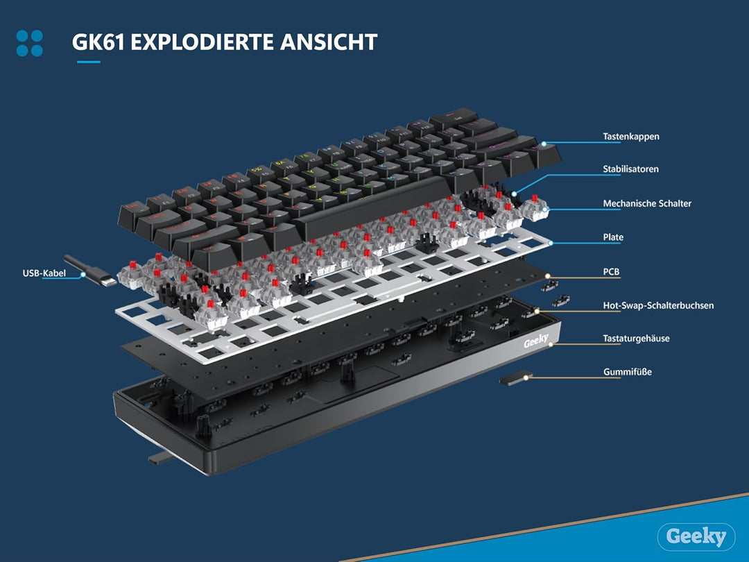Geeky GK61 60% | Hot Swappable Mechanische Gaming-Tastatur | 62 Tasten Multi Color RGB LED Hintergru