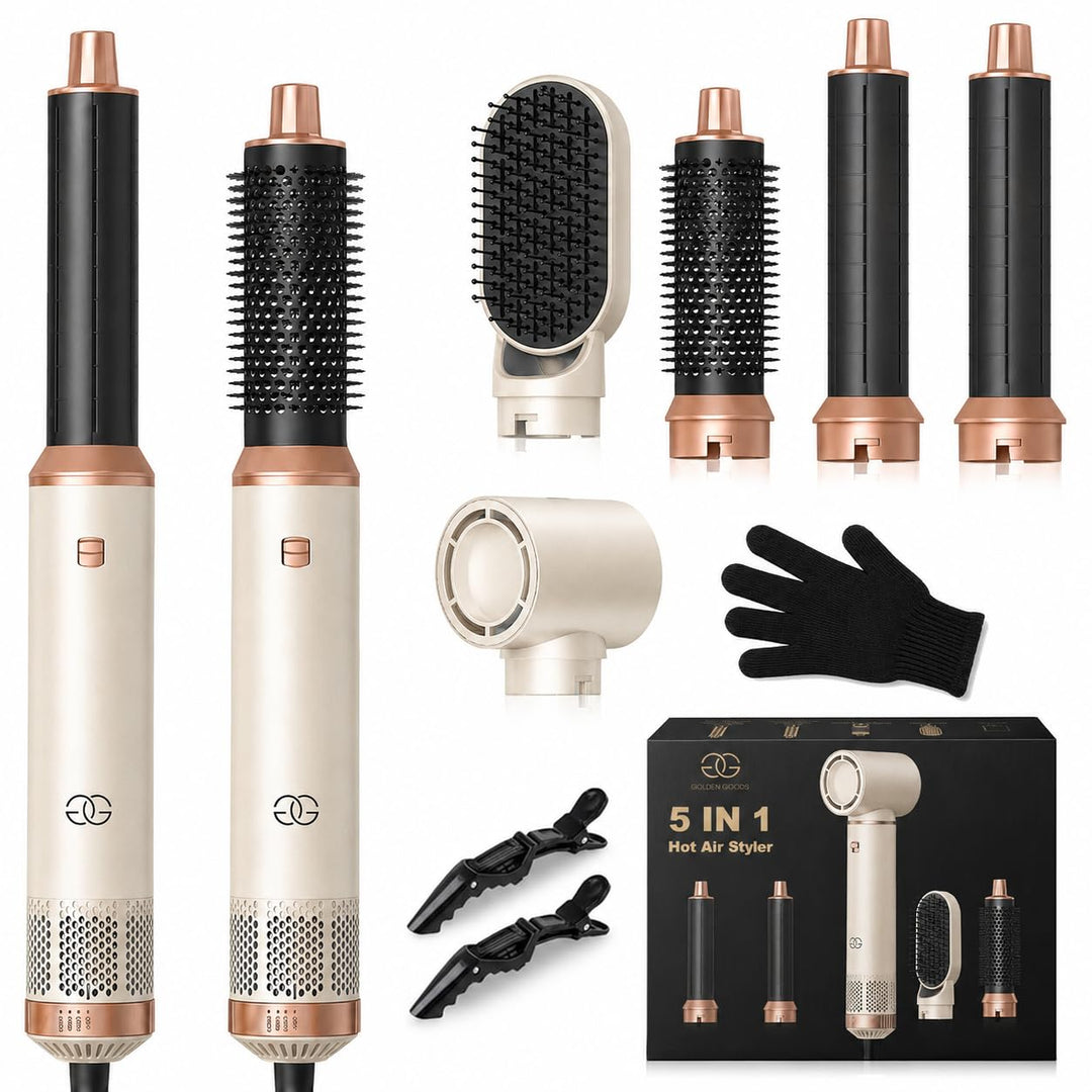 Airstyler 5-in-1 Lockenstab, Golden Goods Hairstyler Set mit Warmluftbürste, Glättbürste, 1000W Haar