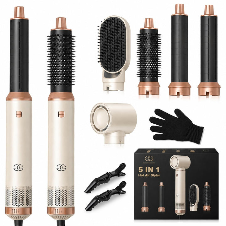Airstyler 5-in-1 Lockenstab, Golden Goods Hairstyler Set mit Warmluftbürste, Glättbürste, 1000W Haar