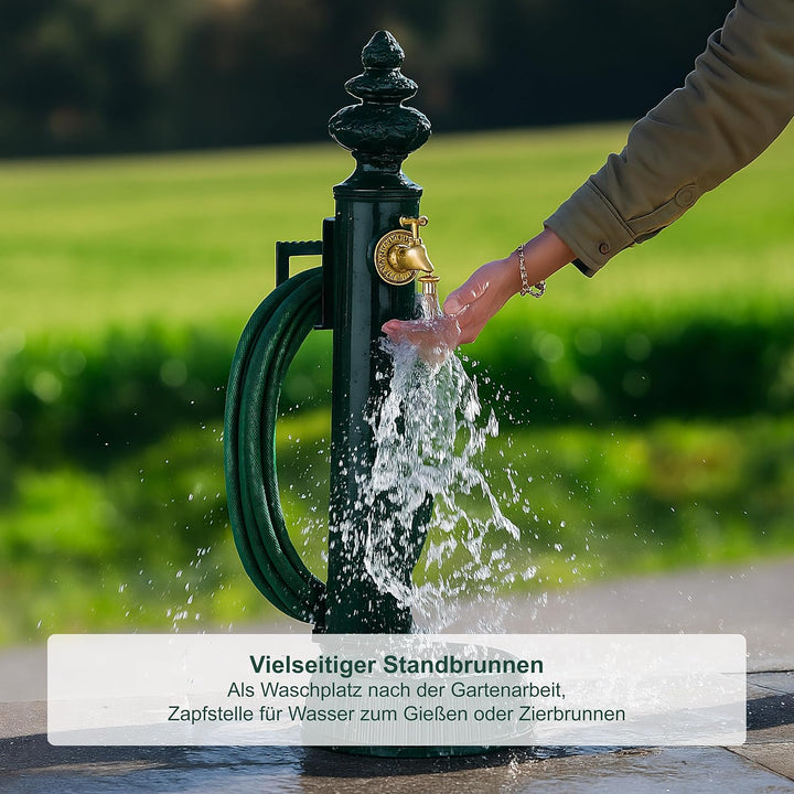 Relaxdays Standbrunnen antik, Wasserhahn & Becken, HxBxT: 87x26x43 cm, Wasserzapfsäule mit Schlauchh
