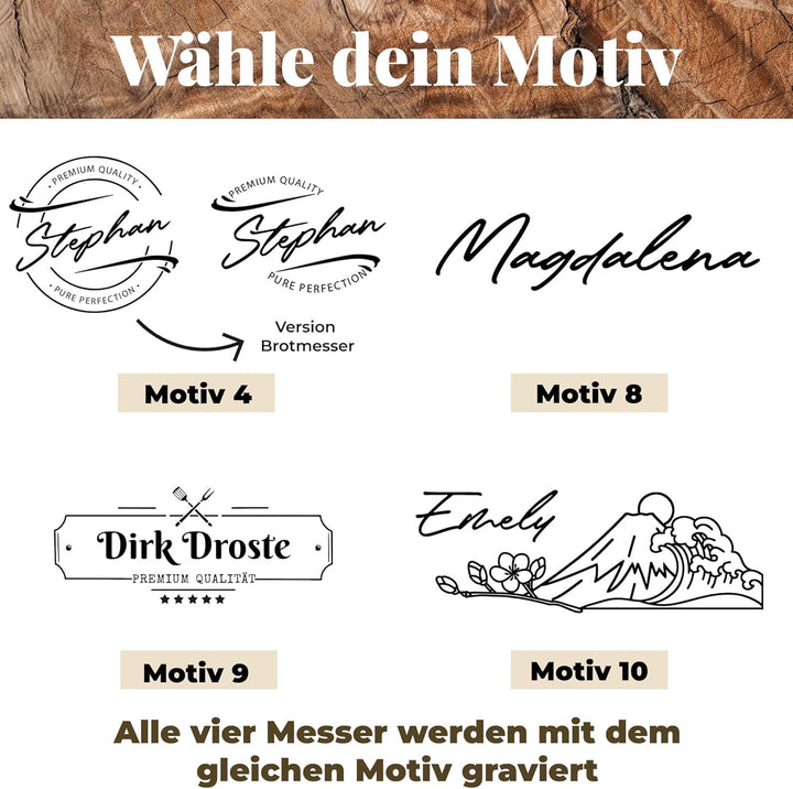 personalisiertes Premium Messer-Set von H. Herder mit Gravur – 4-teilig (Santoku, Nakiri, Koch- & Br